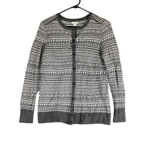LL Bean Womens Sweater Gray White Fair Isle Button Front Cashmere Cardigan XS